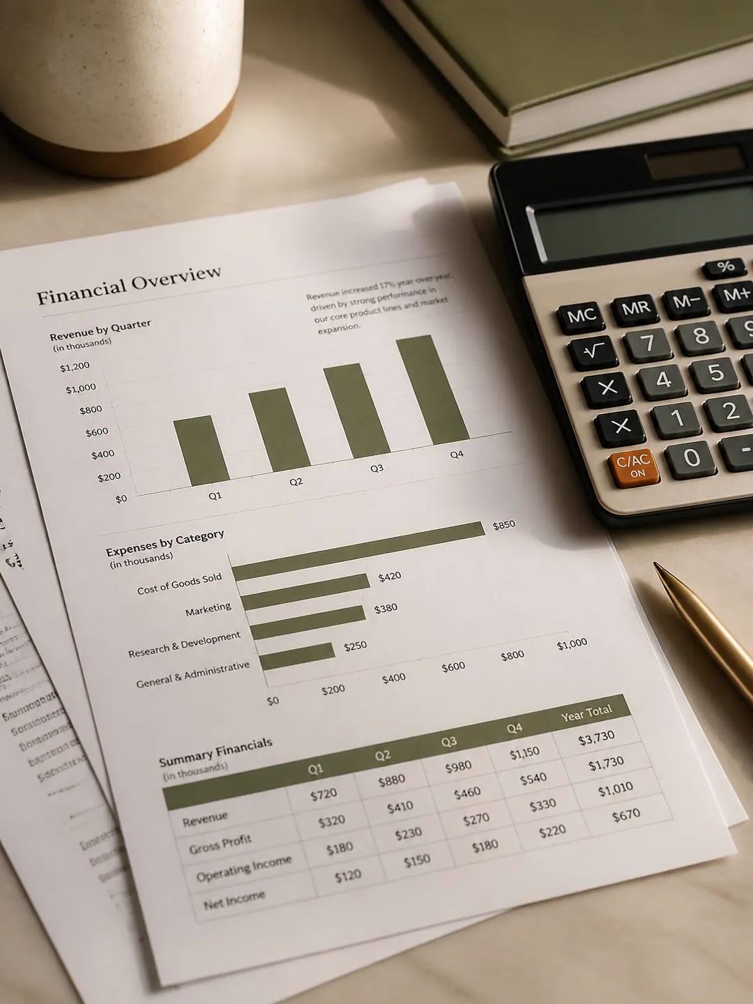 Printed financial report pages with charts beside a calculator