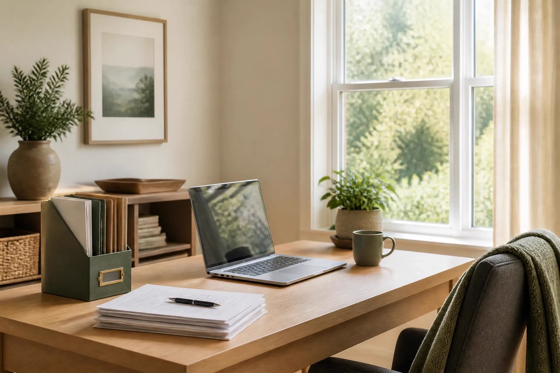 A calm organized home office with a laptop, documents and folders in warm natural light