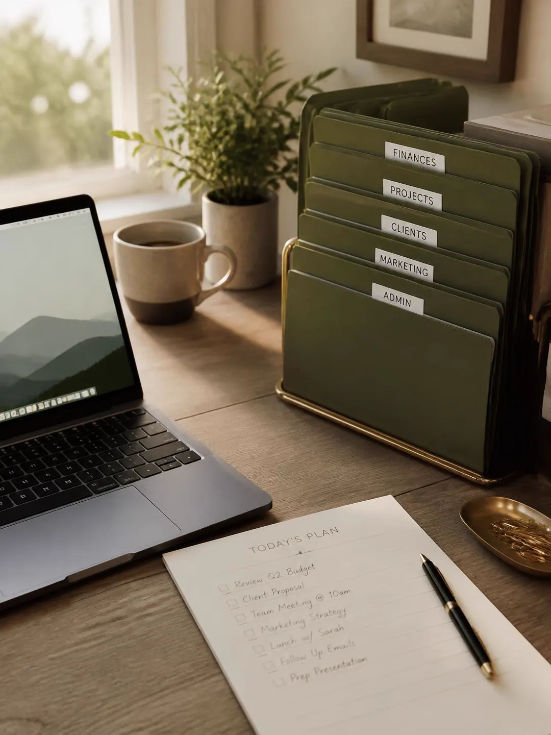 A tidy desk with a laptop, labeled folders and a printed checklist