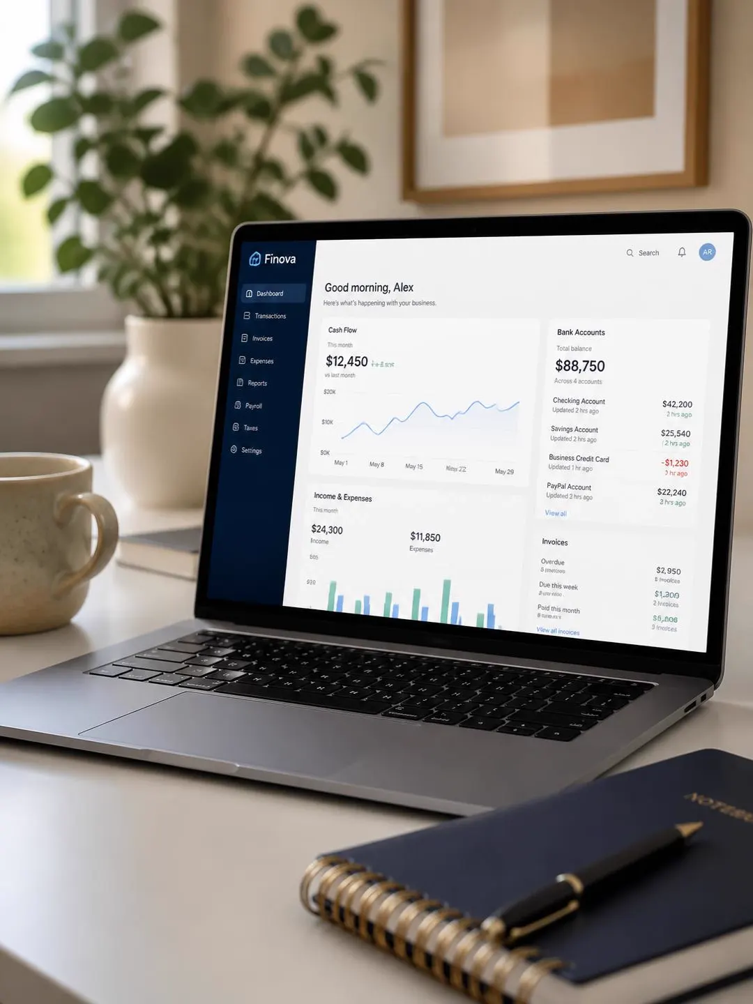 A laptop showing an accounting dashboard beside a notebook and pen