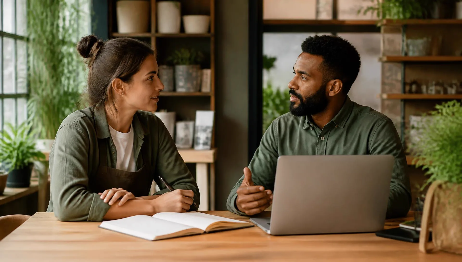 Two small business owners talking over a laptop and notebooks in a sunlit workspace