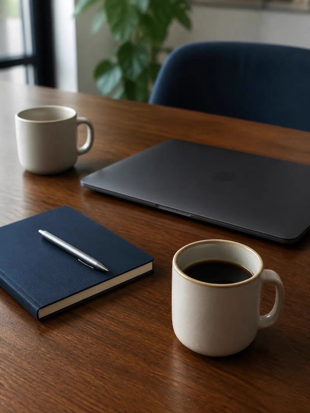 Two coffee cups, a notebook and a closed laptop on a wooden meeting table