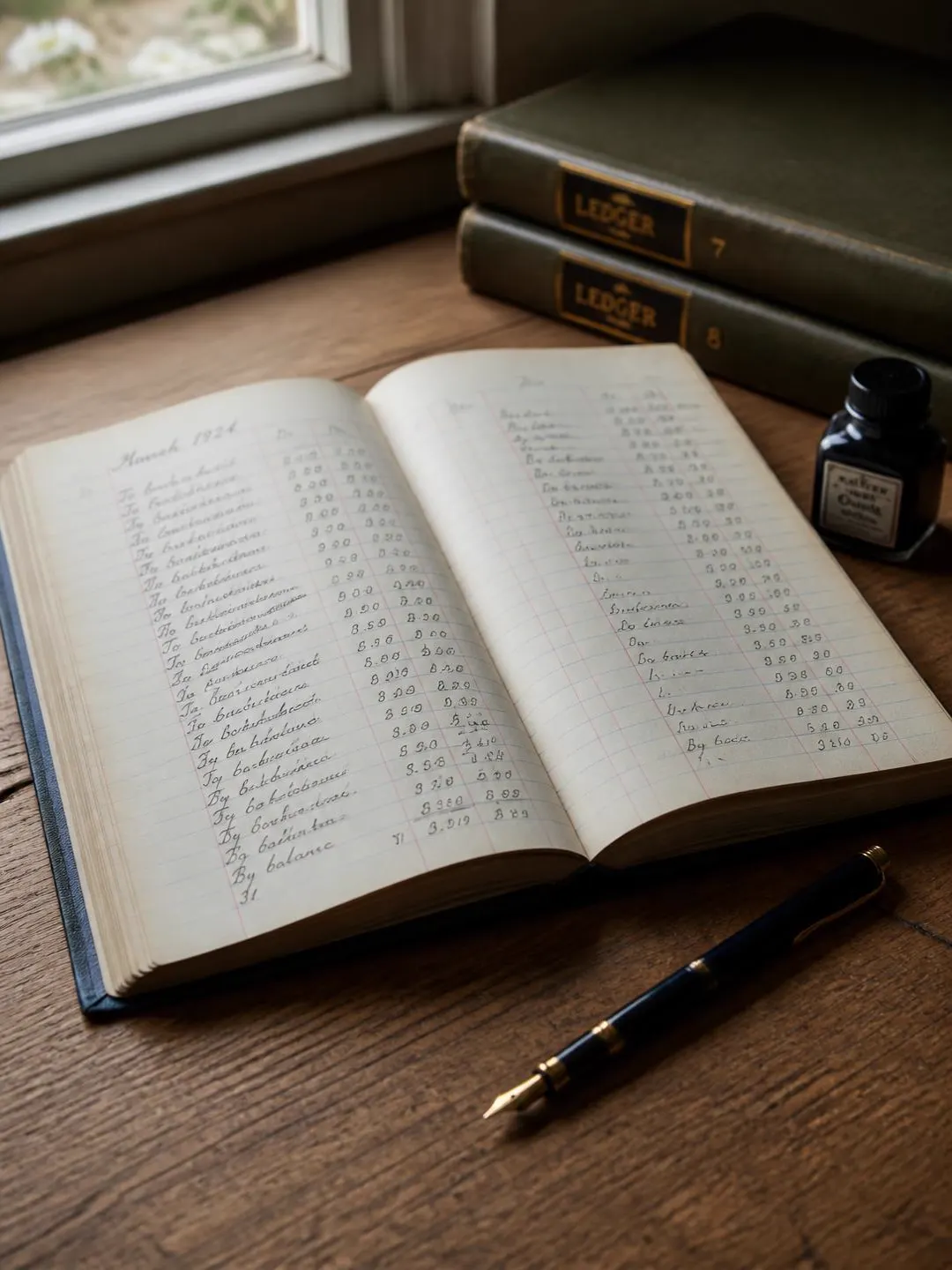 An open ledger book with handwritten columns beside a pen on a wooden desk