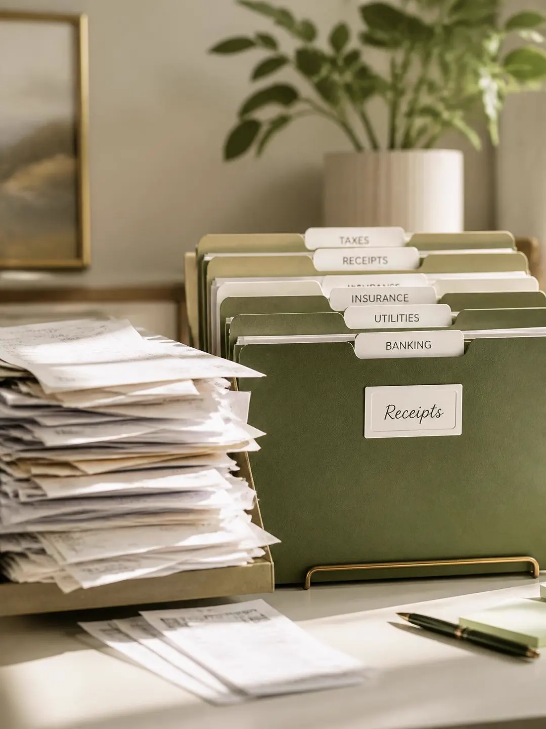 A stack of receipts beside labeled green file folders on a desk