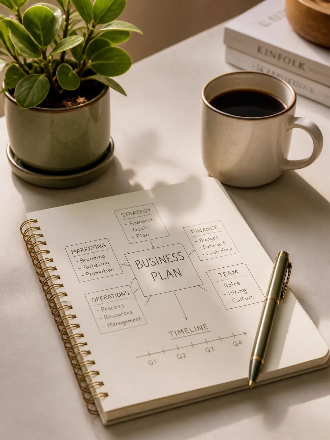 A notebook with a business plan sketch, a pen, a plant and a coffee cup